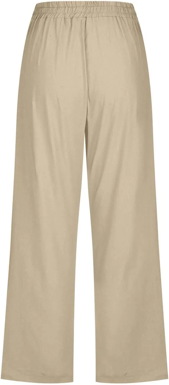 Cotton Linen Capri Pants for Women 2025 Casual Summer Drawstring Elastic Waist Wide Leg Cropped Trousers with Pockets