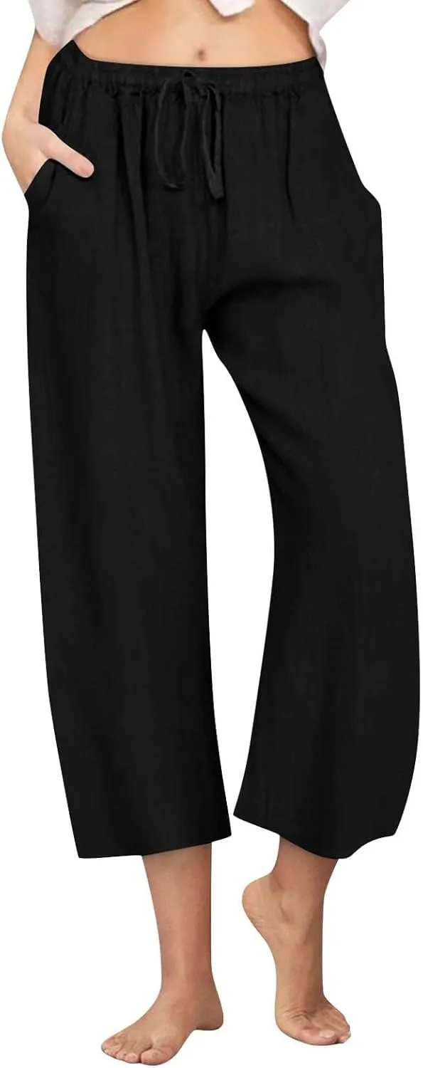 Cotton Linen Pants for Women 2025 Wide Leg Cropped Lounge Trousers Drawstring Elastic Waist Summer Beach Pant Outfits