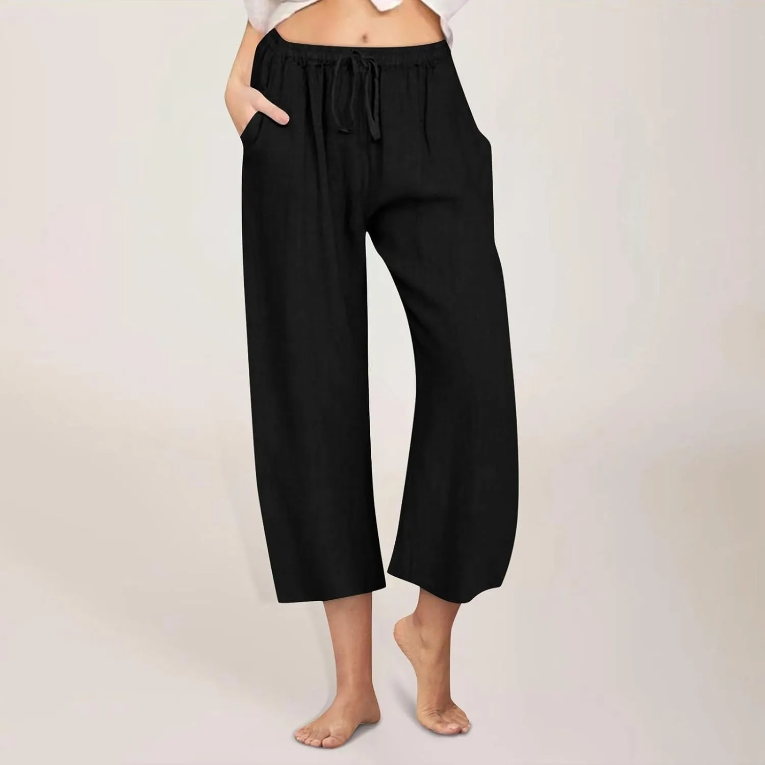 Cotton Linen Pants for Women 2025 Wide Leg Cropped Lounge Trousers Drawstring Elastic Waist Summer Beach Pant Outfits