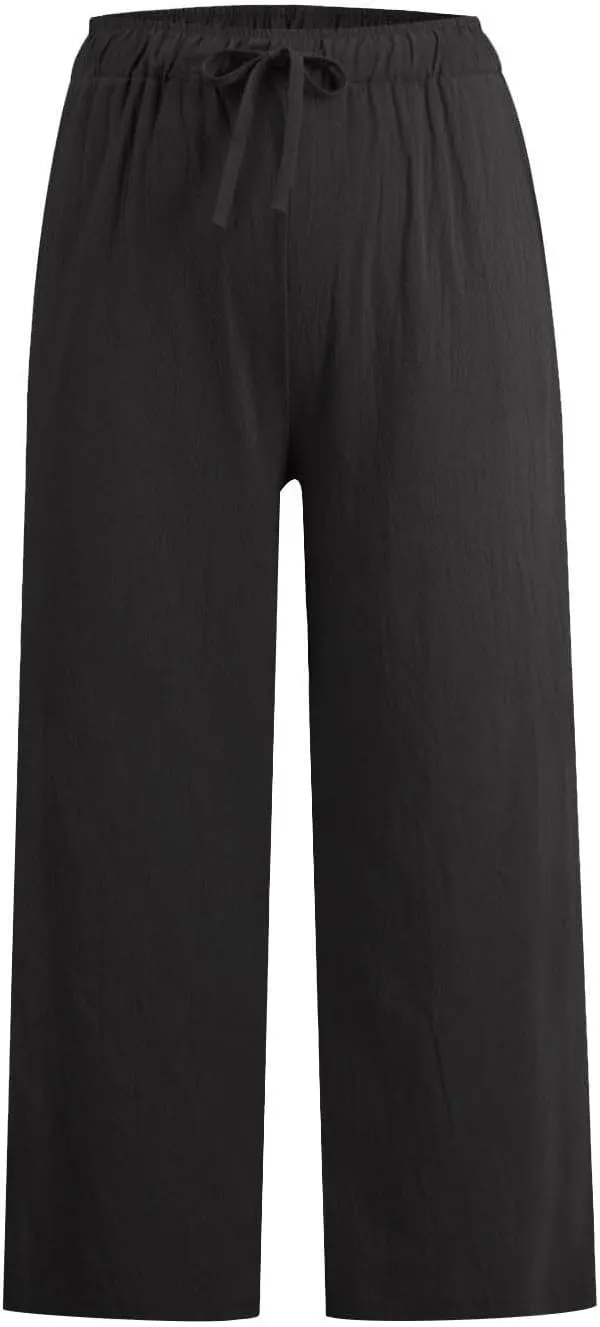 Cotton Linen Pants for Women 2025 Wide Leg Cropped Lounge Trousers Drawstring Elastic Waist Summer Beach Pant Outfits
