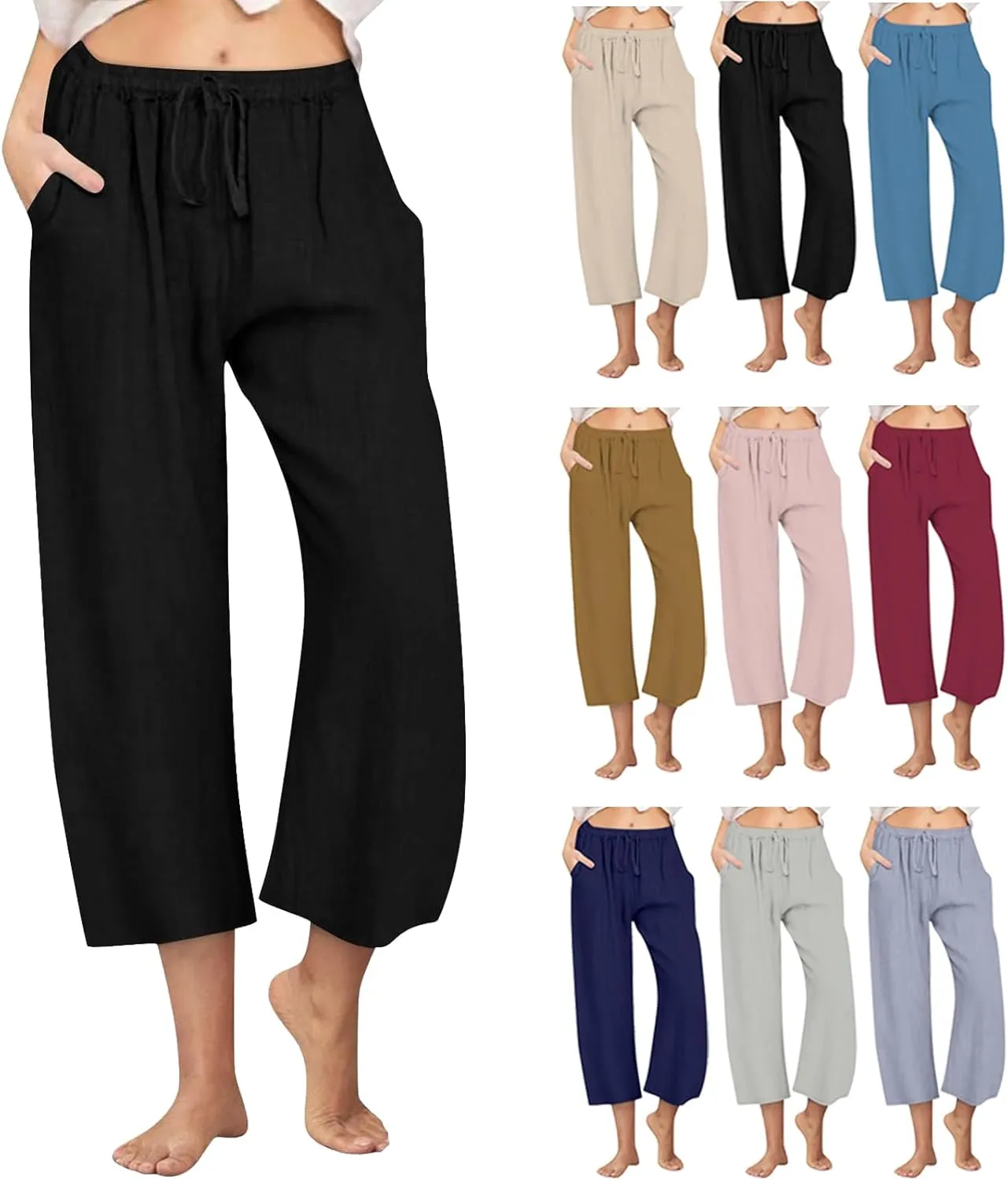 Cotton Linen Pants for Women 2025 Wide Leg Cropped Lounge Trousers Drawstring Elastic Waist Summer Beach Pant Outfits