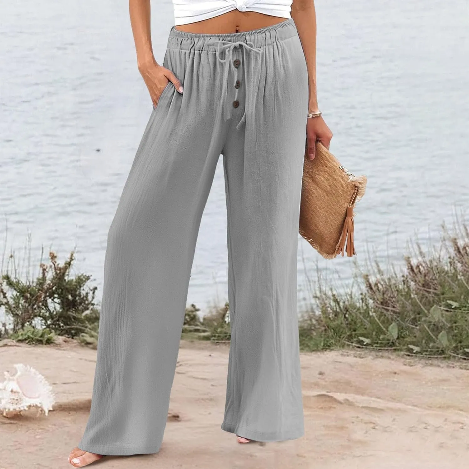 Cotton Linen Pants for Women Casual Summer Wide Leg Palazzo Loose Drawstring Elastic Waist Lounge Trousers Outfits 2025