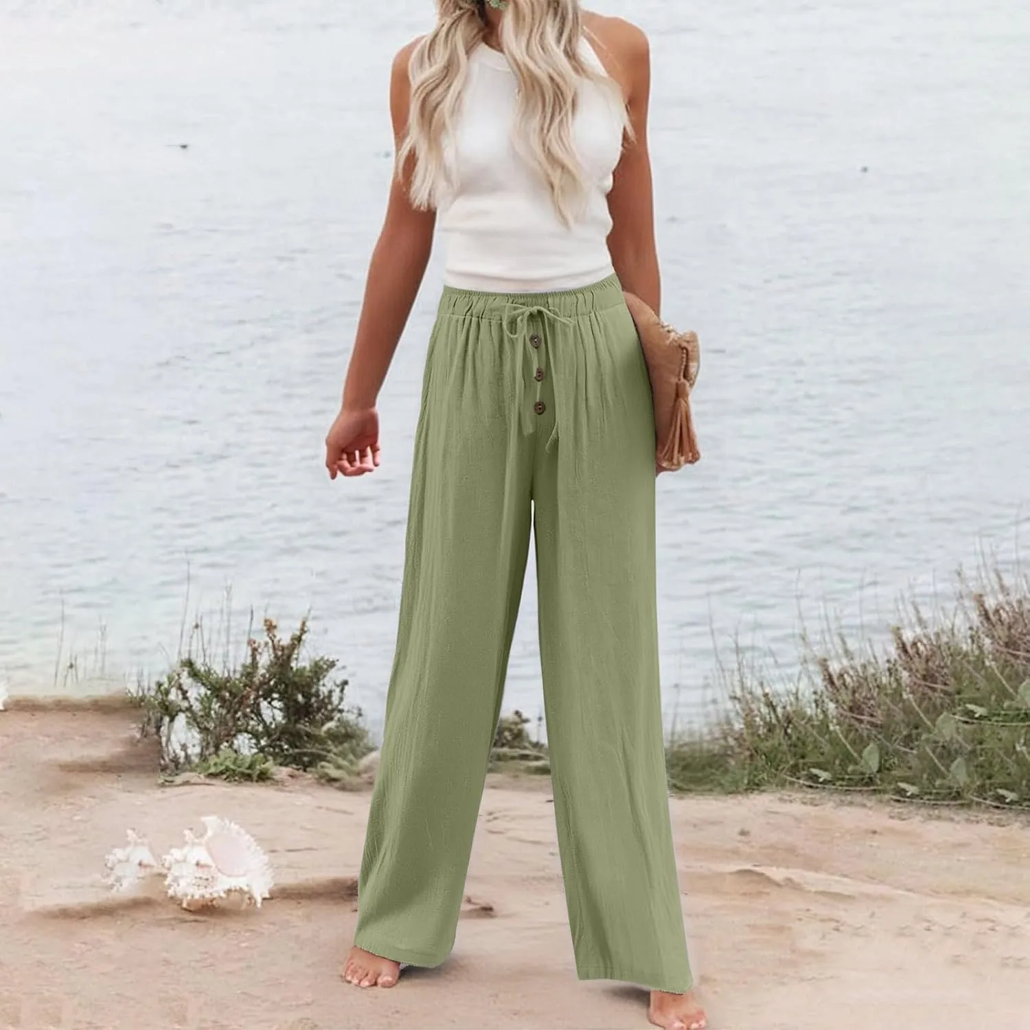 Cotton Linen Pants for Women Casual Summer Wide Leg Palazzo Loose Drawstring Elastic Waist Lounge Trousers Outfits 2025