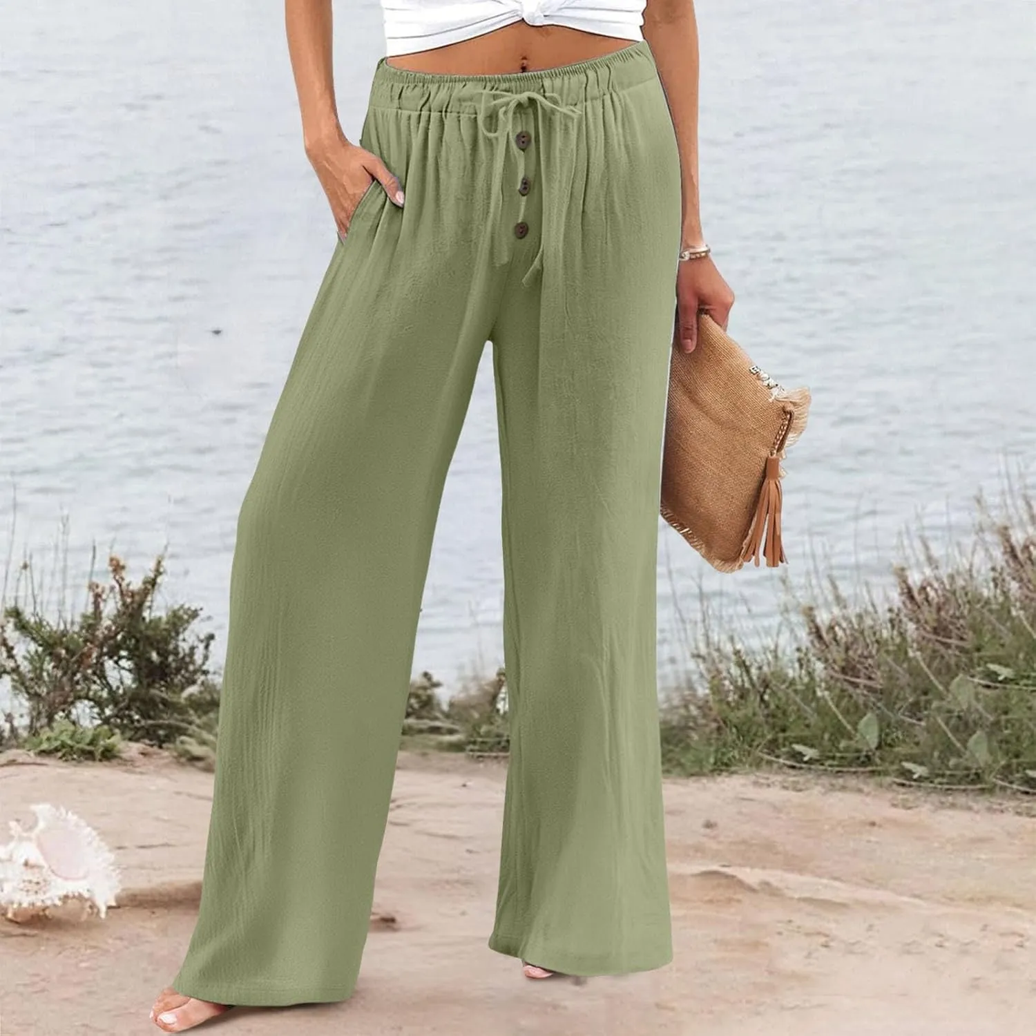 Cotton Linen Pants for Women Casual Summer Wide Leg Palazzo Loose Drawstring Elastic Waist Lounge Trousers Outfits 2025