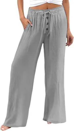 Cotton Linen Pants for Women Casual Summer Wide Leg Palazzo Loose Drawstring Elastic Waist Lounge Trousers Outfits 2025