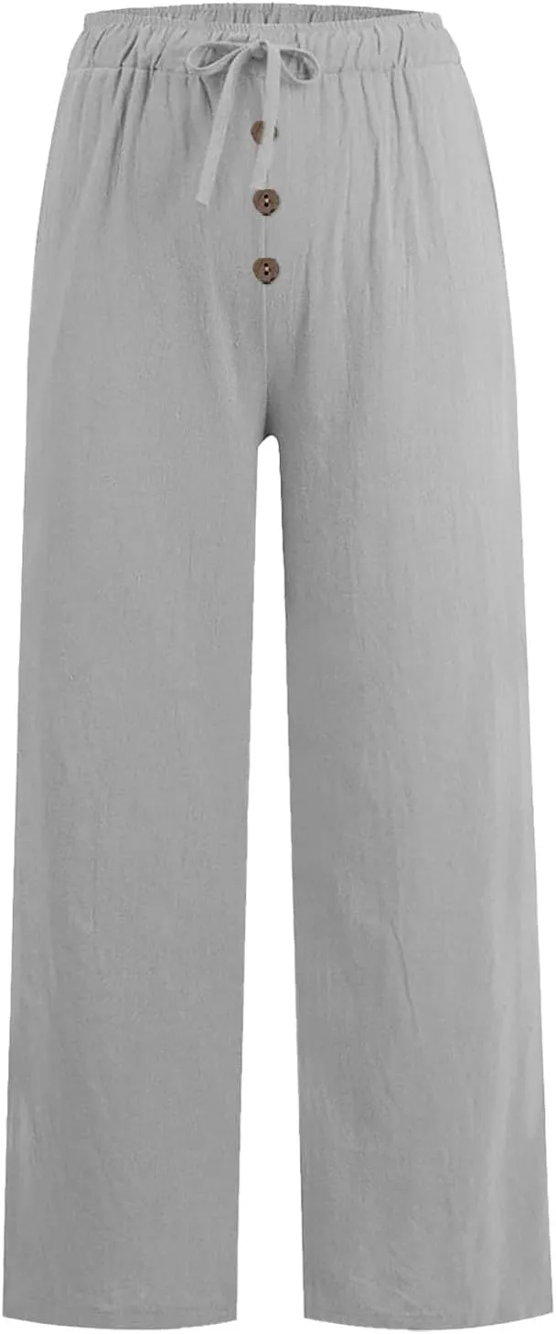 Cotton Linen Pants for Women Casual Summer Wide Leg Palazzo Loose Drawstring Elastic Waist Lounge Trousers Outfits 2025