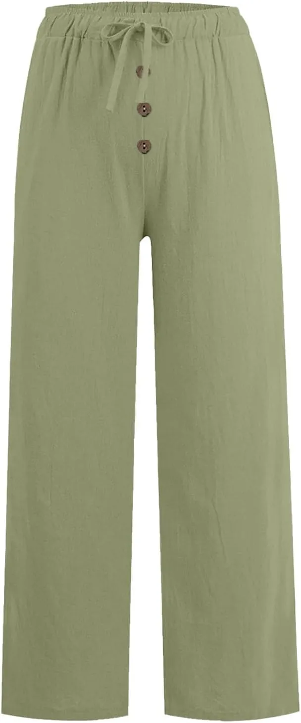 Cotton Linen Pants for Women Casual Summer Wide Leg Palazzo Loose Drawstring Elastic Waist Lounge Trousers Outfits 2025