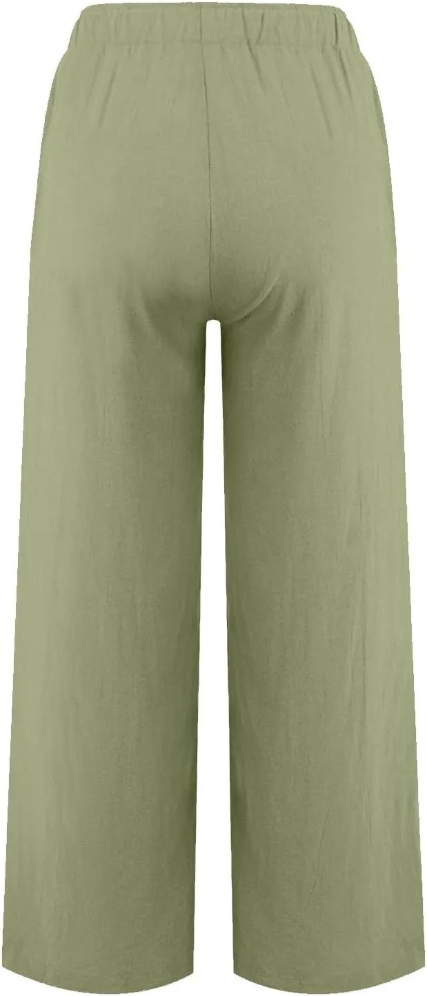 Cotton Linen Pants for Women Casual Summer Wide Leg Palazzo Loose Drawstring Elastic Waist Lounge Trousers Outfits 2025