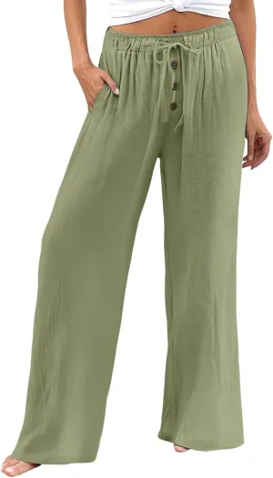 Cotton Linen Pants for Women Casual Summer Wide Leg Palazzo Loose Drawstring Elastic Waist Lounge Trousers Outfits 2025