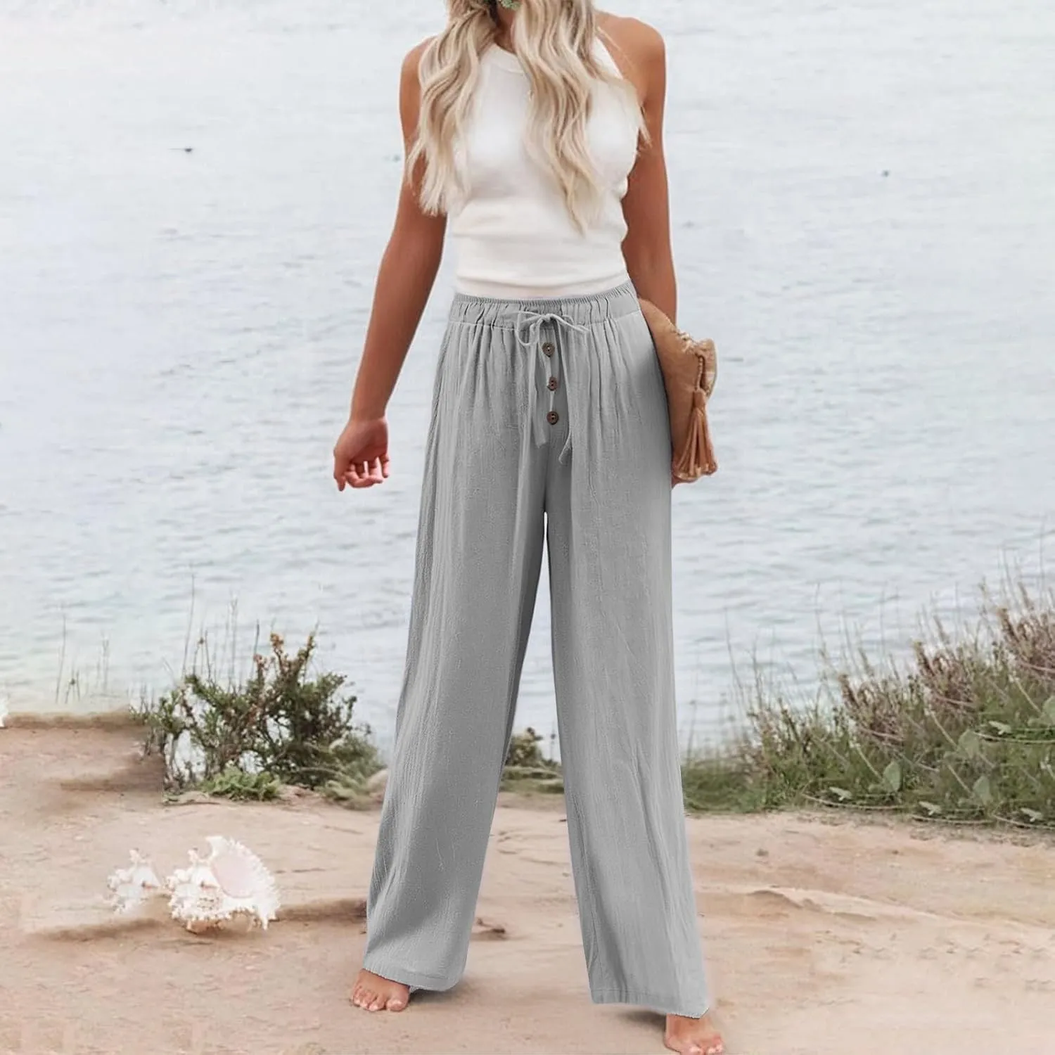 Cotton Linen Pants for Women Casual Summer Wide Leg Palazzo Loose Drawstring Elastic Waist Lounge Trousers Outfits 2025