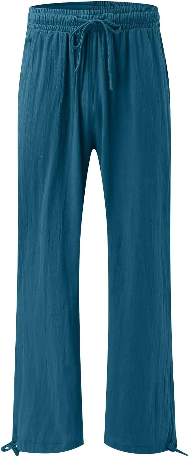 Cotton Linen Yoga Pants Drawstring Waisted Solid Joggers Pants Summer Straight Leg Athletic Pants