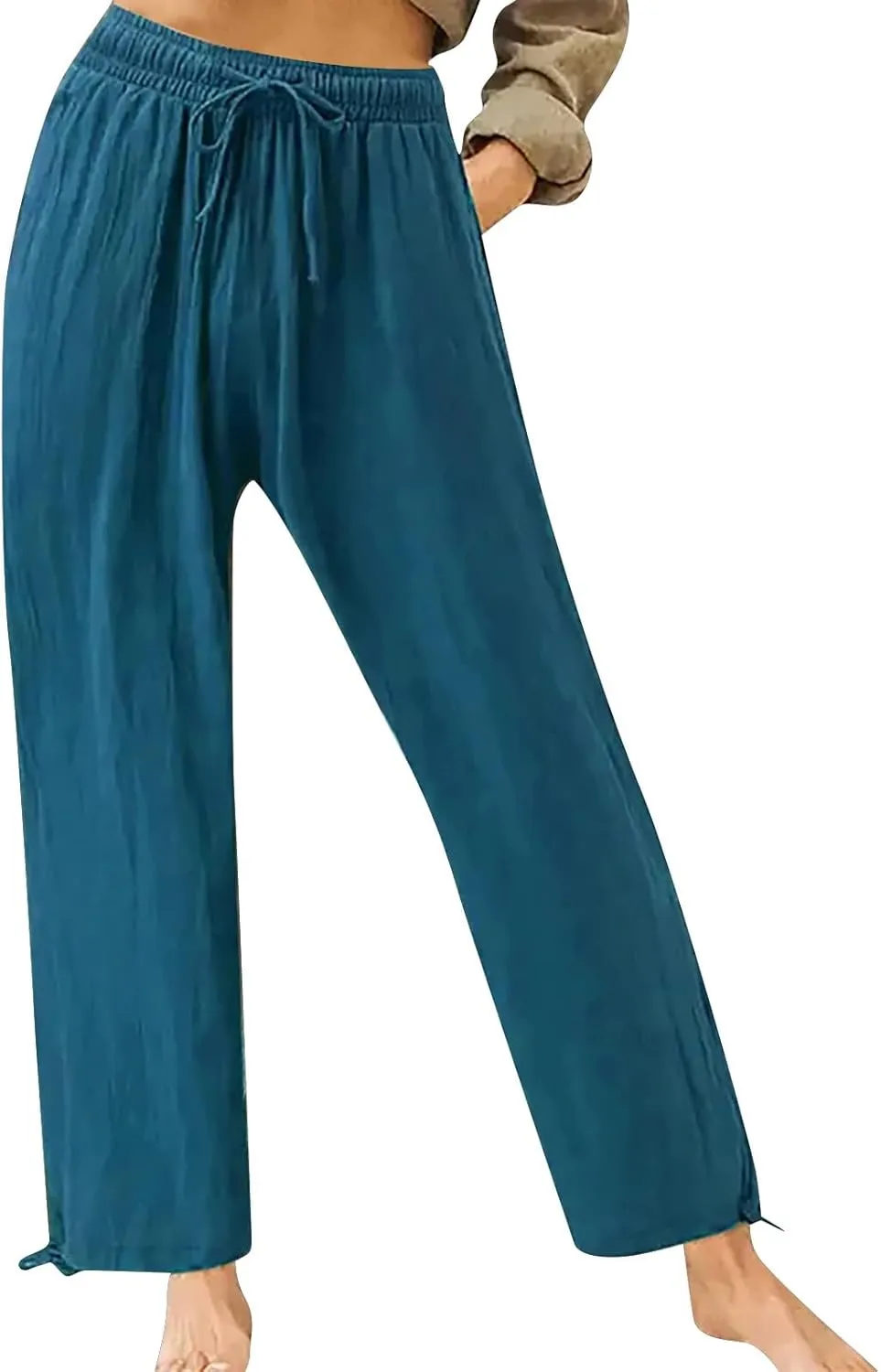 Cotton Linen Yoga Pants Drawstring Waisted Solid Joggers Pants Summer Straight Leg Athletic Pants