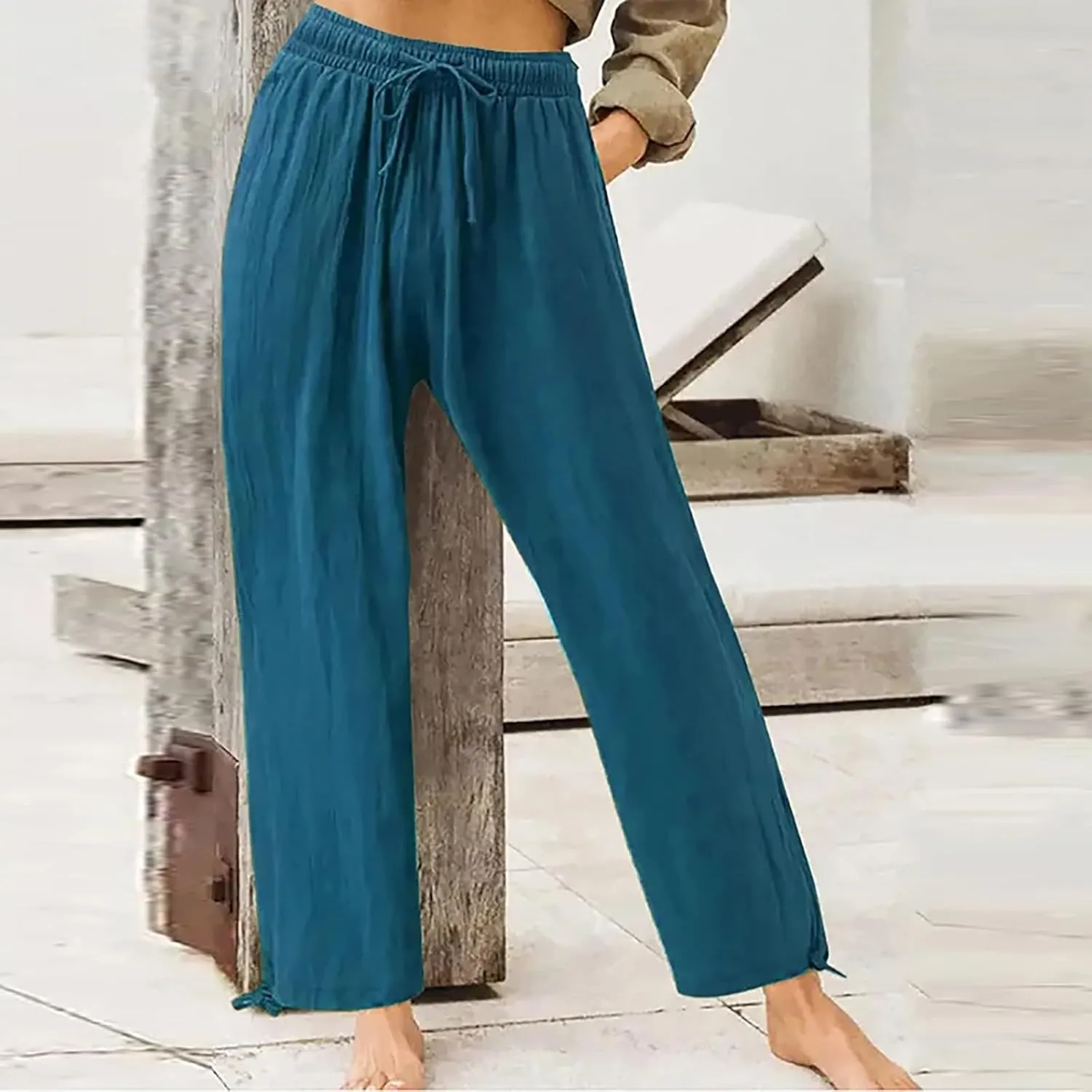 Cotton Linen Yoga Pants Drawstring Waisted Solid Joggers Pants Summer Straight Leg Athletic Pants