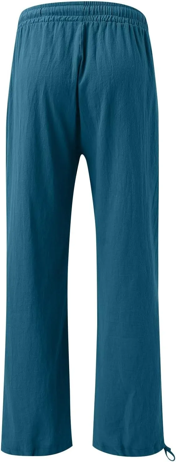 Cotton Linen Yoga Pants Drawstring Waisted Solid Joggers Pants Summer Straight Leg Athletic Pants