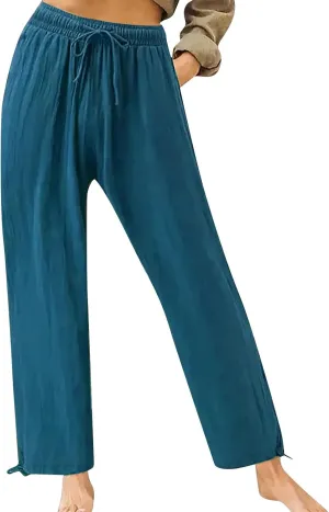 Cotton Linen Yoga Pants Drawstring Waisted Solid Joggers Pants Summer Straight Leg Athletic Pants