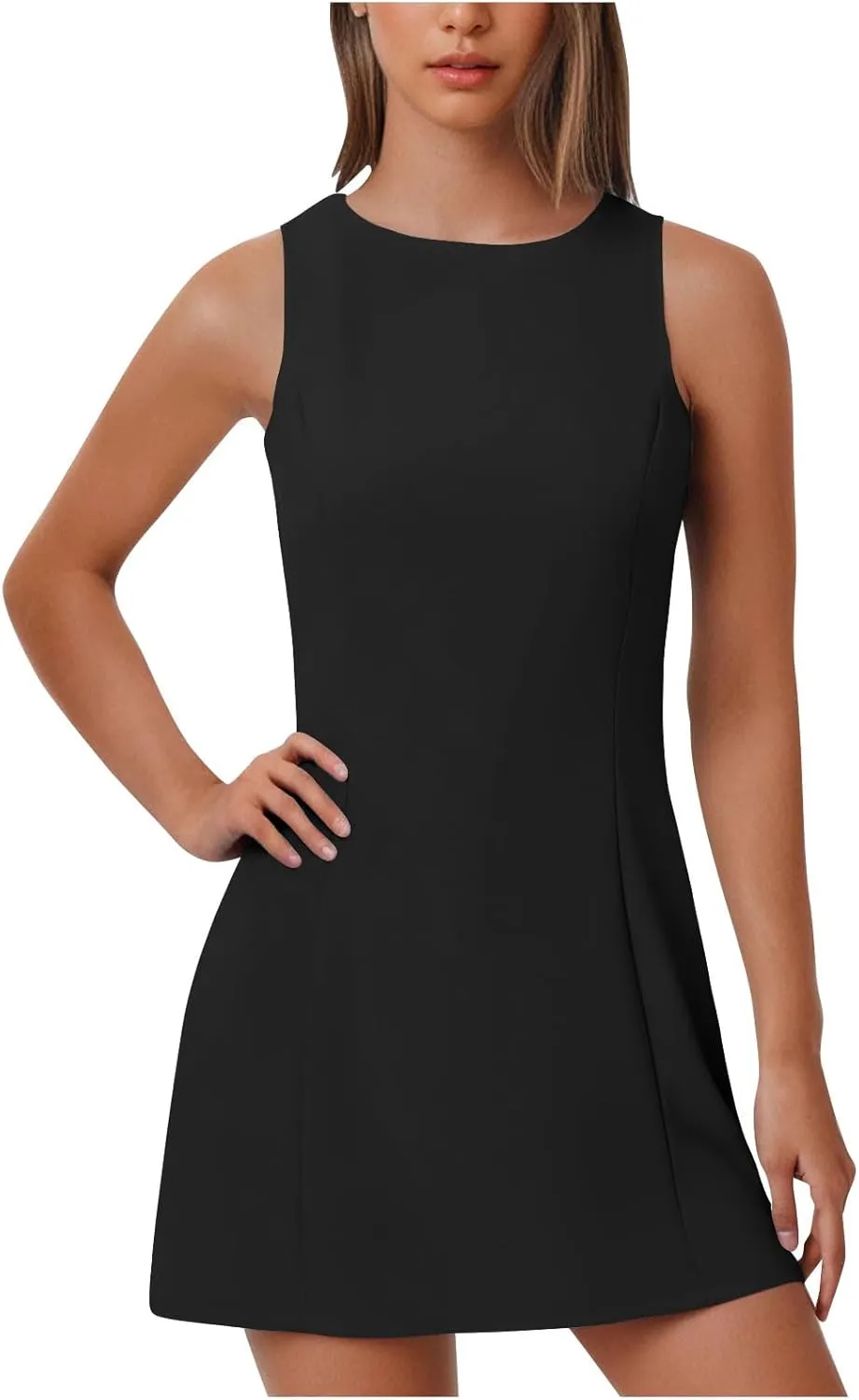 Crew Neck Dresses for Women's Summer Casual Solid Color Sleeveless - Flowy Loose Fit Mini Dress for Lounge