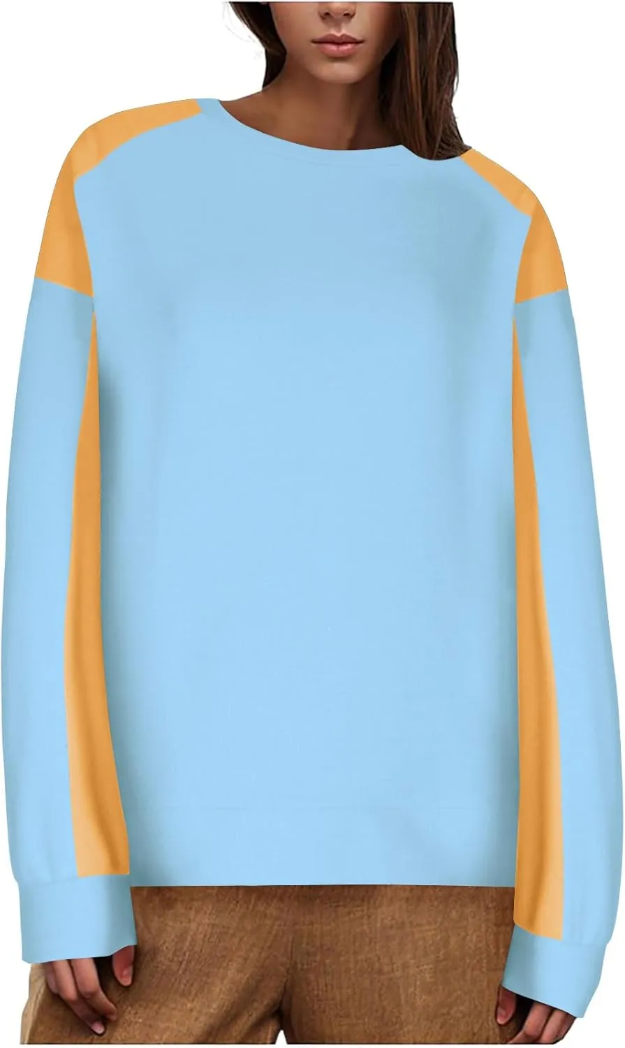 Crewneck Sweatshirt Women 2024 Fall New Solid Long Sleeve Tops Casual Oversize Wide Hem Drop Shoulder Pullover