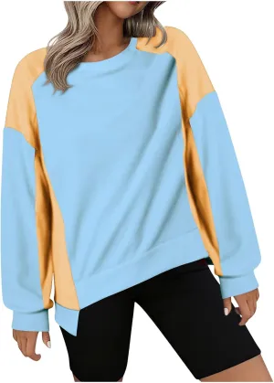 Crewneck Sweatshirt Women 2024 Fall New Solid Long Sleeve Tops Casual Oversize Wide Hem Drop Shoulder Pullover