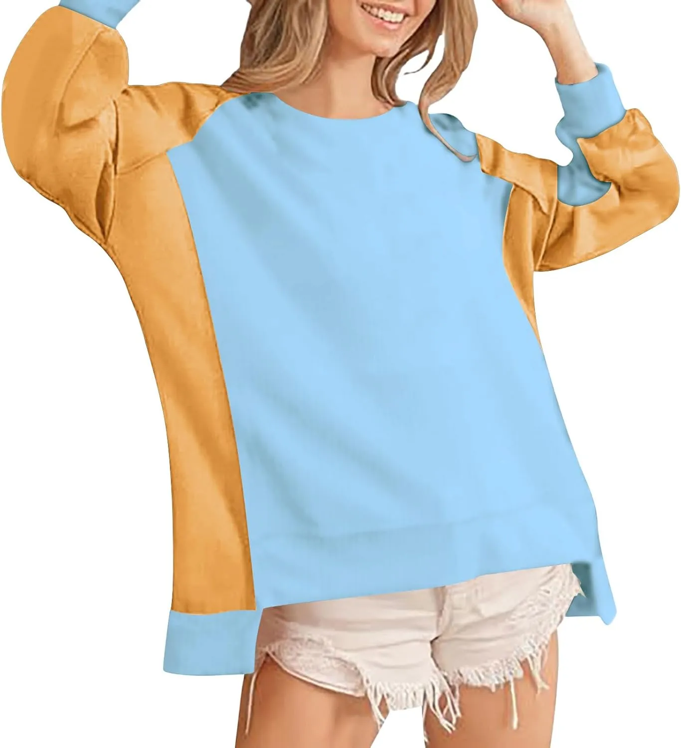 Crewneck Sweatshirt Women 2024 Fall New Solid Long Sleeve Tops Casual Oversize Wide Hem Drop Shoulder Pullover