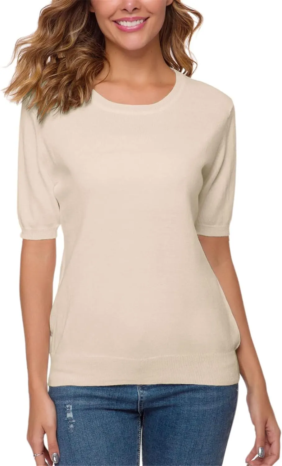 DAIMIDY Women's Short Sleeve Crew Neck Sweaters Lightweight Summer Sweater Casual Knit Pullover Tops