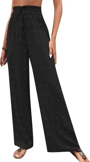 DIACACY Womens Swiss Dot Wide Leg High Waist Pants Flowy Adjustable Knot Trousers Loose Casual Pants
