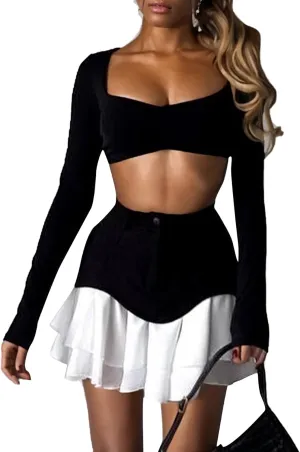 DINGANG Pleated Denim Mini Skirt for Womens High Waisted Patchwork Flowy Pleated Ruffle Y2K Jean Short Skirt