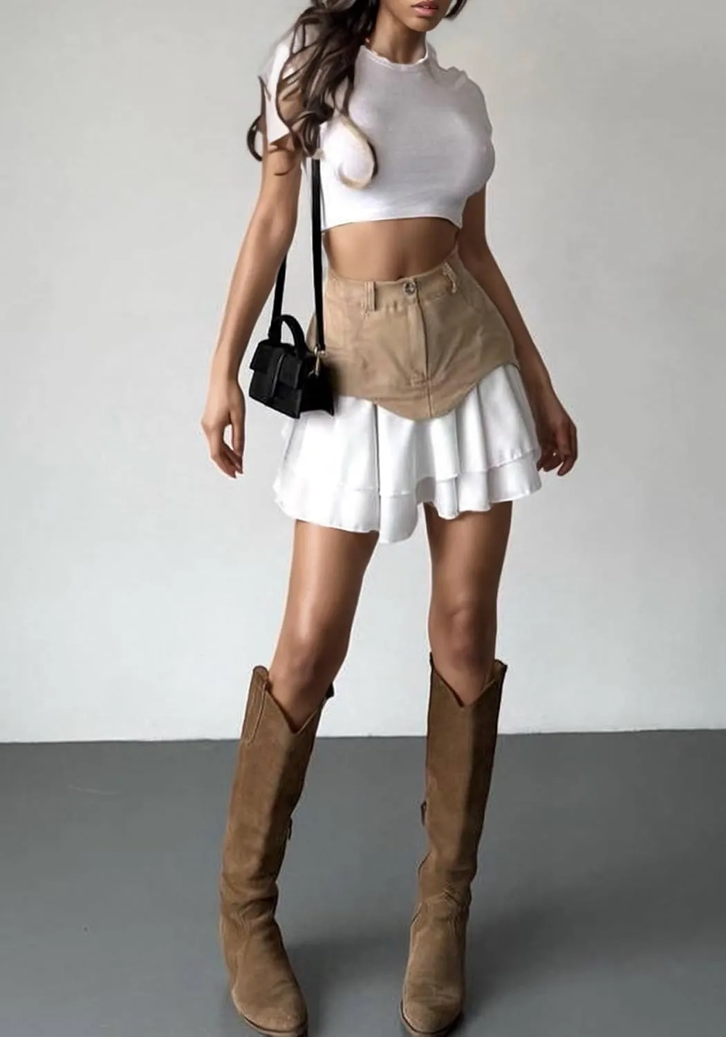 DINGANG Pleated Denim Mini Skirt for Womens High Waisted Patchwork Flowy Pleated Ruffle Y2K Jean Short Skirt