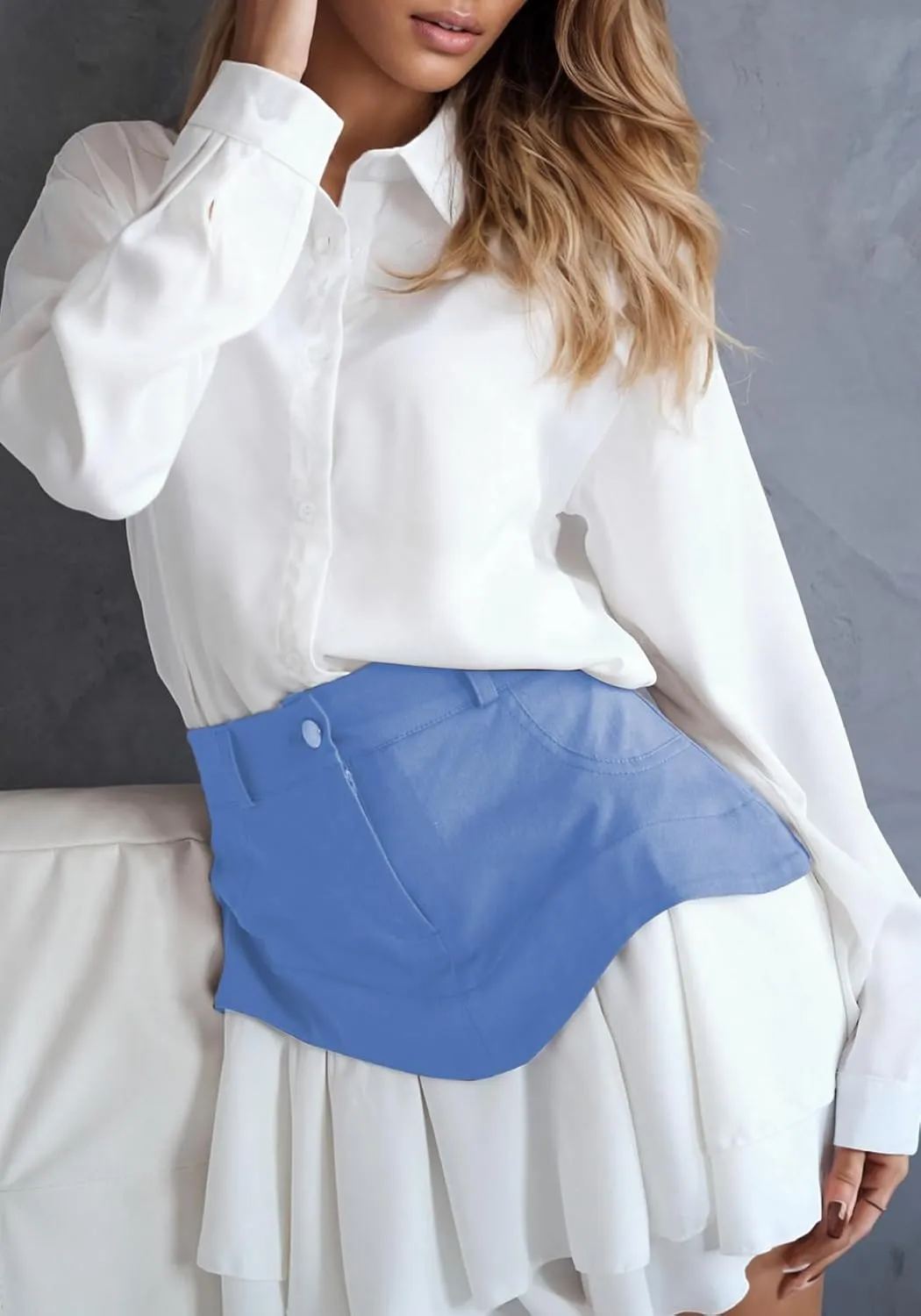 DINGANG Pleated Denim Mini Skirt for Womens High Waisted Patchwork Flowy Pleated Ruffle Y2K Jean Short Skirt