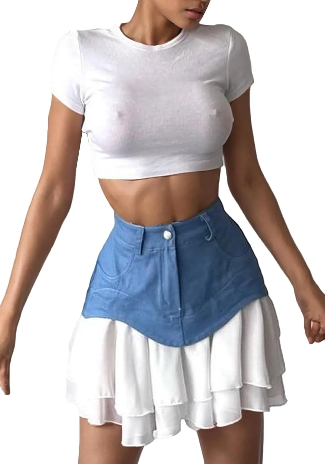 DINGANG Pleated Denim Mini Skirt for Womens High Waisted Patchwork Flowy Pleated Ruffle Y2K Jean Short Skirt
