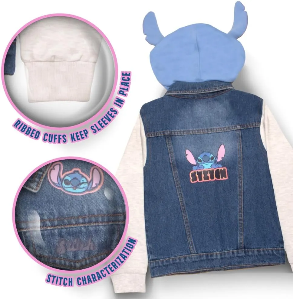 Disney Lilo & Stitch Minnie Mouse Girl's Hoodie Jean Jacket with Ears - Fashion Hooded Denim Jacket for Kids