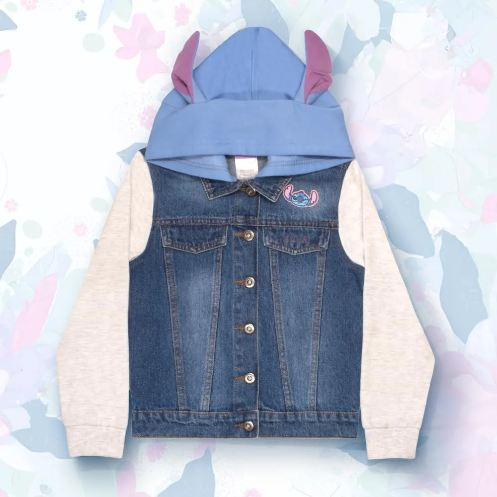 Disney Lilo & Stitch Minnie Mouse Girl's Hoodie Jean Jacket with Ears - Fashion Hooded Denim Jacket for Kids