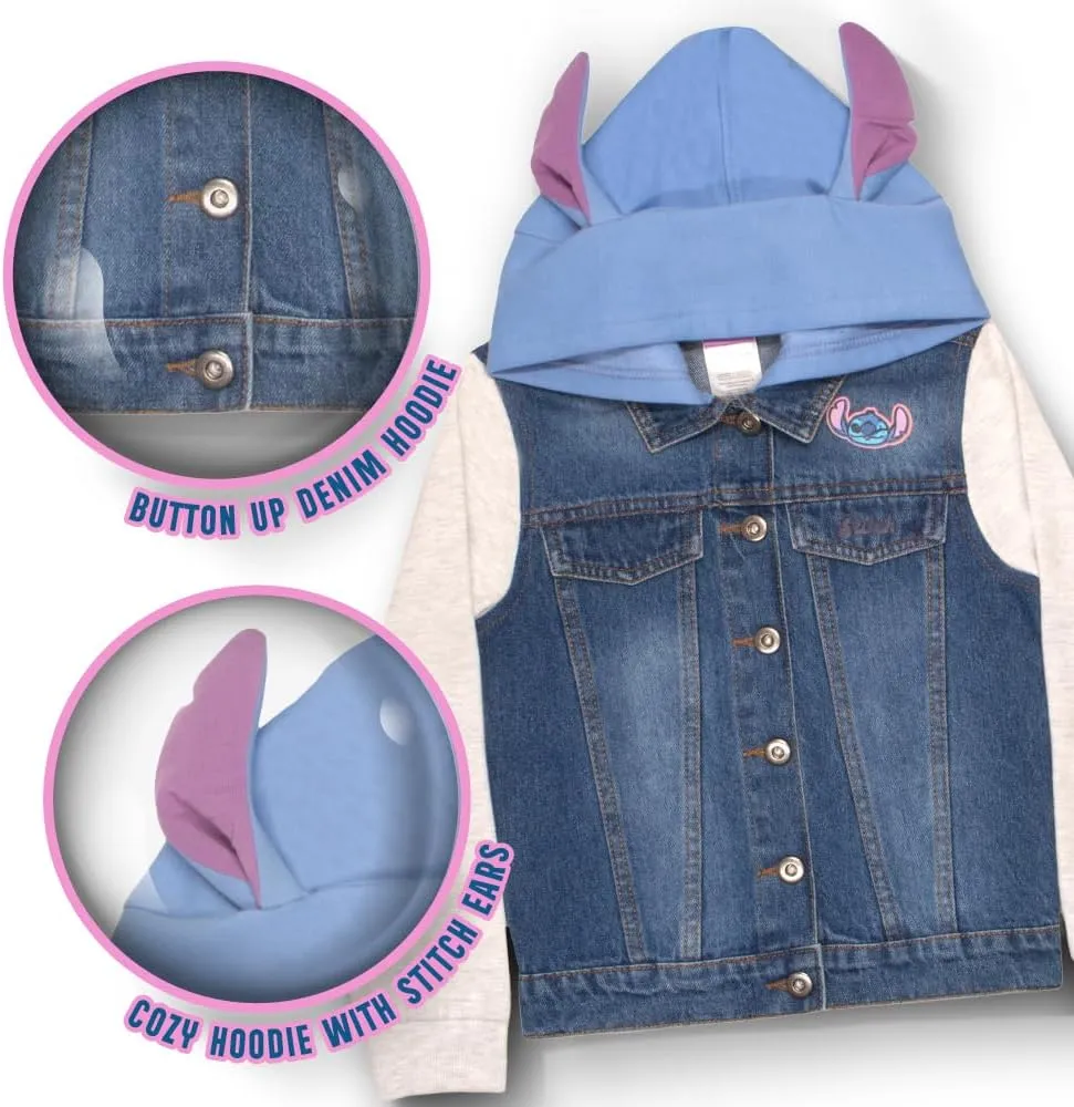 Disney Lilo & Stitch Minnie Mouse Girl's Hoodie Jean Jacket with Ears - Fashion Hooded Denim Jacket for Kids