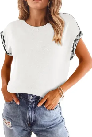 Dokotoo Womens Summer Cap Sleeve Tops 2025 Crewneck Sweater Vest Casual Knit Lightweight Sweater Pullover Trendy Tank Shirts