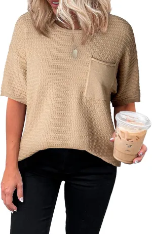 Dokotoo Womens Sweaters Casual Crewneck Short Sleeve Lightweight Knit Trendy Pullover Sweater Tops Spring Summer Outfits