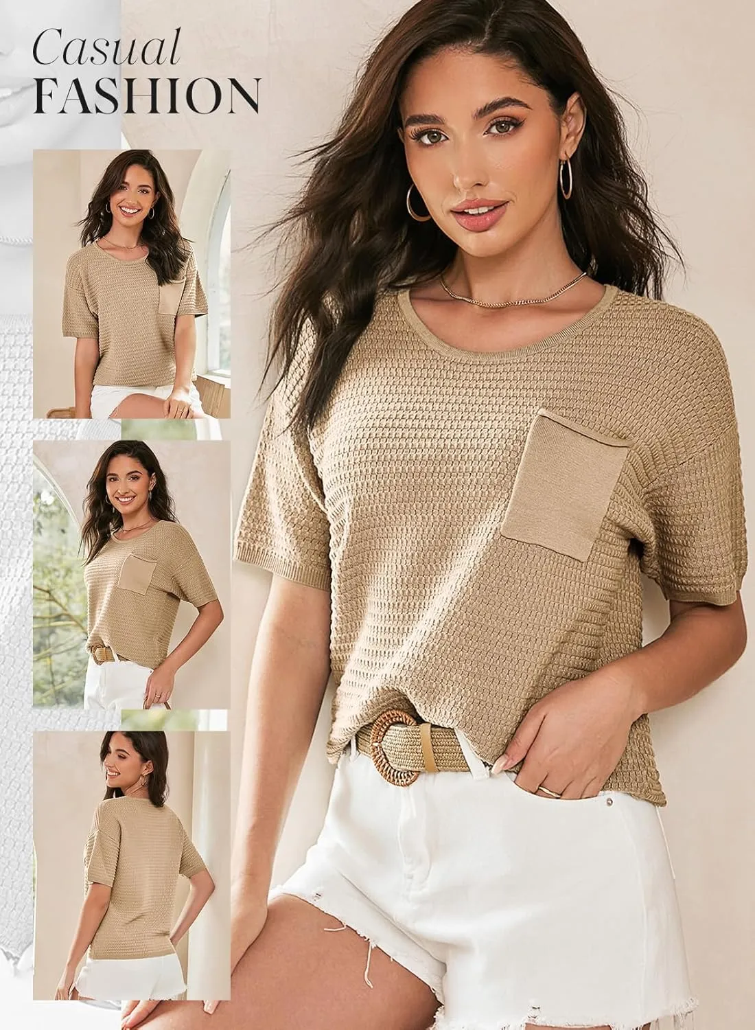 Dokotoo Womens Sweaters Casual Crewneck Short Sleeve Lightweight Knit Trendy Pullover Sweater Tops Spring Summer Outfits