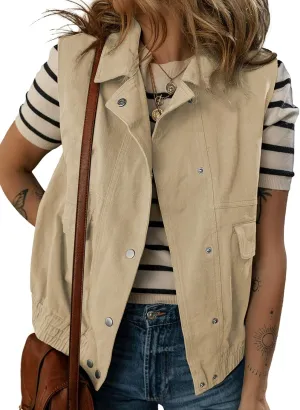 Dokotoo Womens Vests Outerwear Button-Down Lapel Collar Elastic Hem Lightweight Spring Waistcoat Sleeveless Jacket Cargo Vest