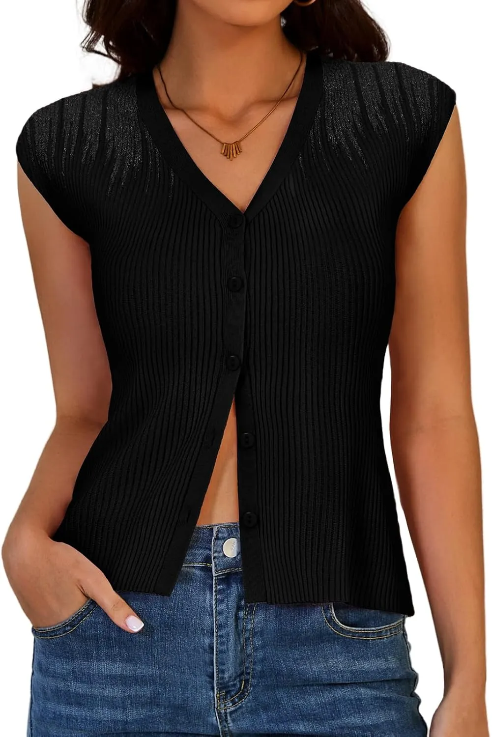 DRESSTELLS Summer Vest Tops for Women 2025 Sweater Vests Button Up Tank Top Y2K Caual Business Knit Shirts