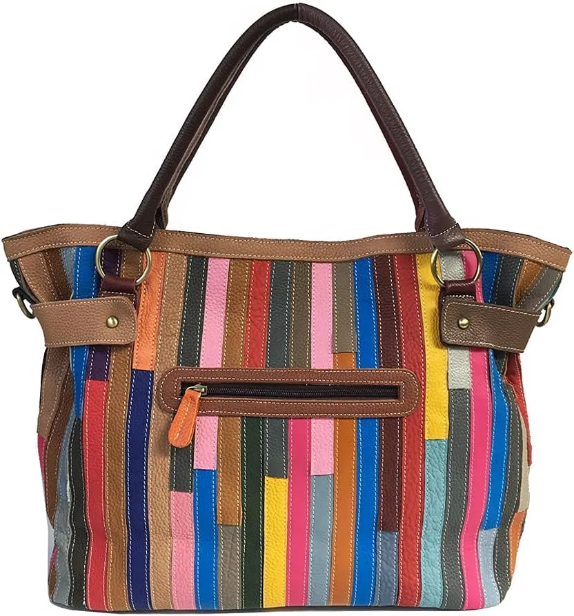 Ethnic Design Cow Leather Color Matching Geometric Pattern Top Handle Tote Cross-body Bags, One Color, One Size