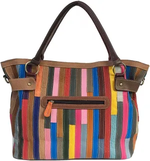 Ethnic Design Cow Leather Color Matching Geometric Pattern Top Handle Tote Cross-body Bags, One Color, One Size