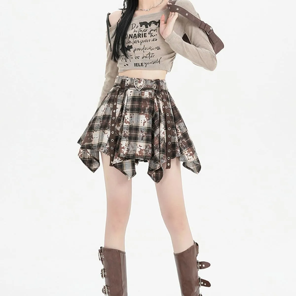 Fashion Y2K Gothic Women's High Waisted Mini Skirts Vintage Casual Heart Belt Tie-Dye Plaid Irregular Skirt