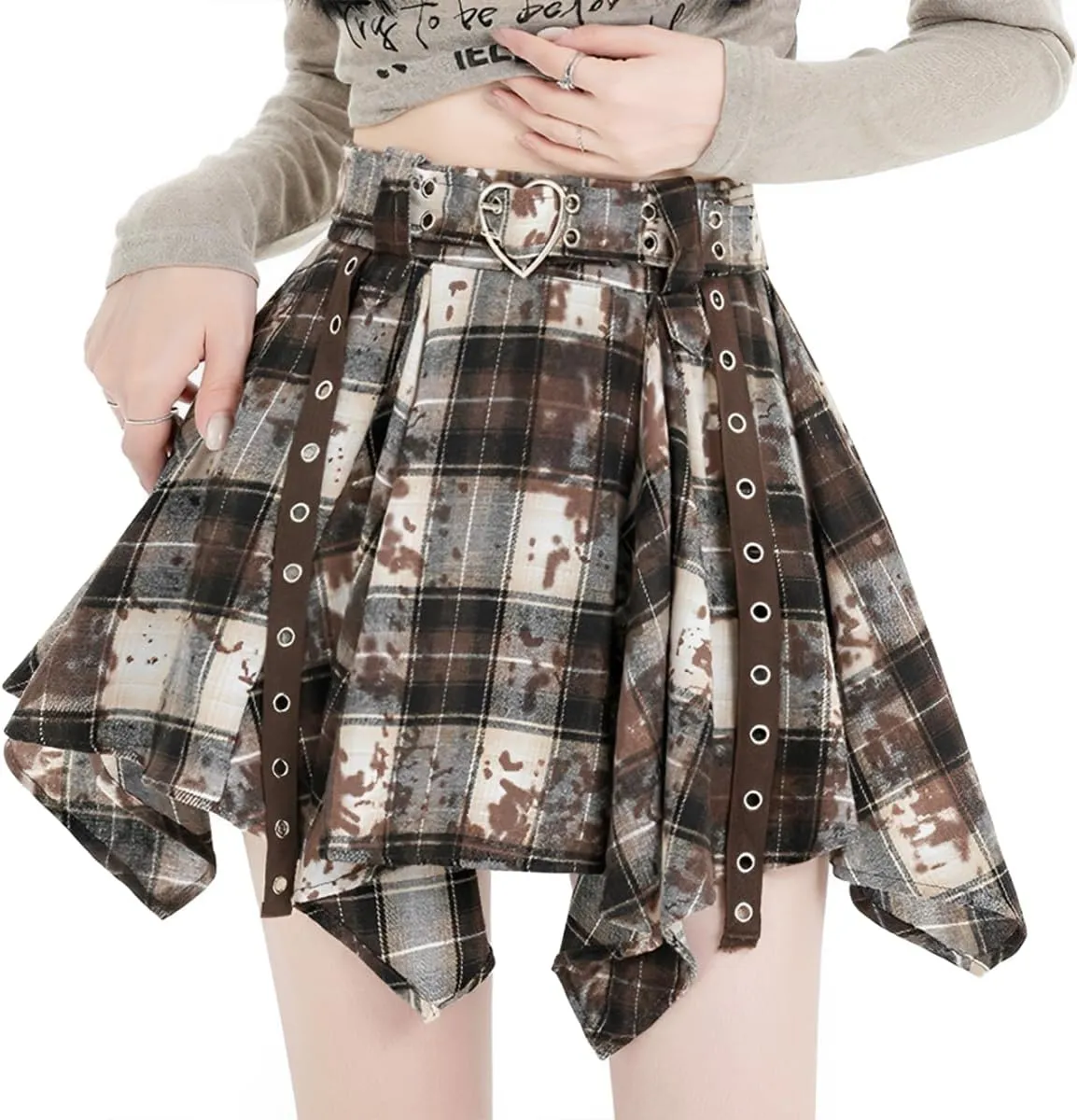 Fashion Y2K Gothic Women's High Waisted Mini Skirts Vintage Casual Heart Belt Tie-Dye Plaid Irregular Skirt