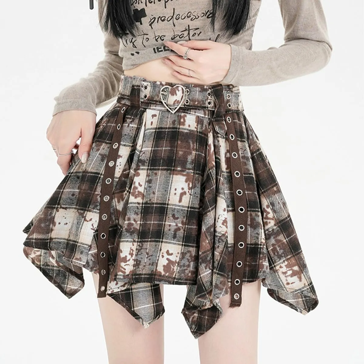 Fashion Y2K Gothic Women's High Waisted Mini Skirts Vintage Casual Heart Belt Tie-Dye Plaid Irregular Skirt