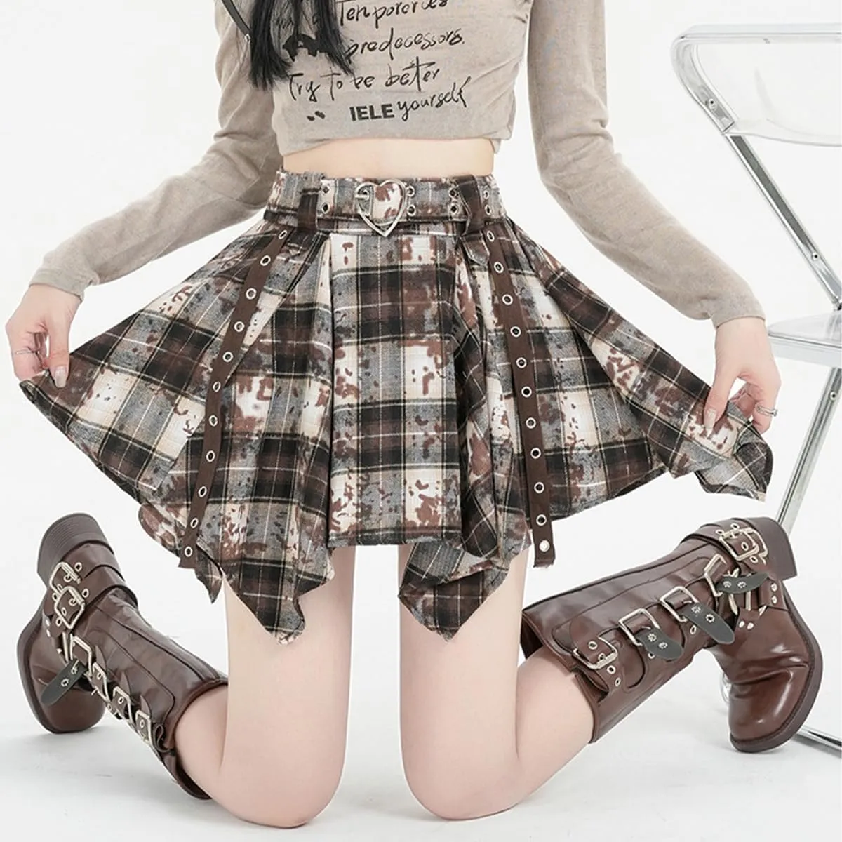 Fashion Y2K Gothic Women's High Waisted Mini Skirts Vintage Casual Heart Belt Tie-Dye Plaid Irregular Skirt