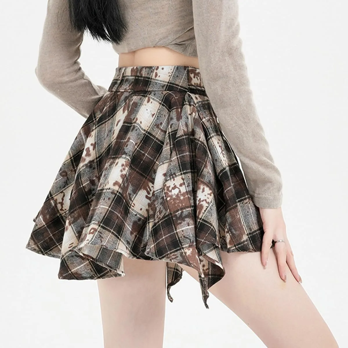 Fashion Y2K Gothic Women's High Waisted Mini Skirts Vintage Casual Heart Belt Tie-Dye Plaid Irregular Skirt