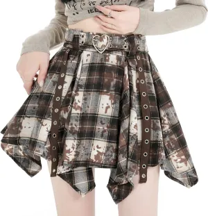 Fashion Y2K Gothic Women's High Waisted Mini Skirts Vintage Casual Heart Belt Tie-Dye Plaid Irregular Skirt