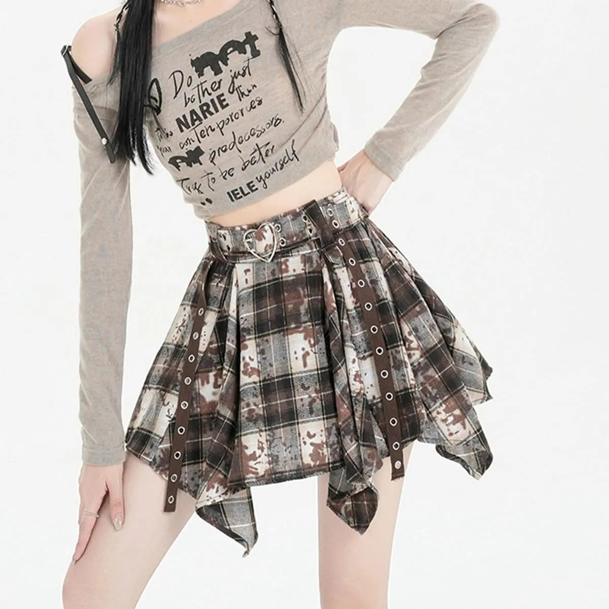 Fashion Y2K Gothic Women's High Waisted Mini Skirts Vintage Casual Heart Belt Tie-Dye Plaid Irregular Skirt