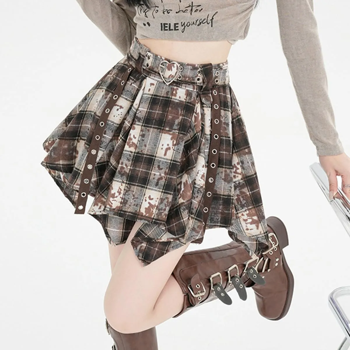 Fashion Y2K Gothic Women's High Waisted Mini Skirts Vintage Casual Heart Belt Tie-Dye Plaid Irregular Skirt