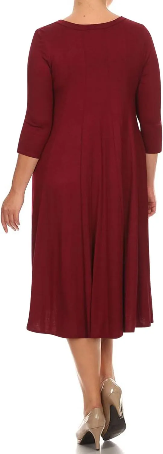 FashionStream Women's Plus Size Casual 3/4 Sleeves Basic A-Line Pleated Solid Midi Dress
