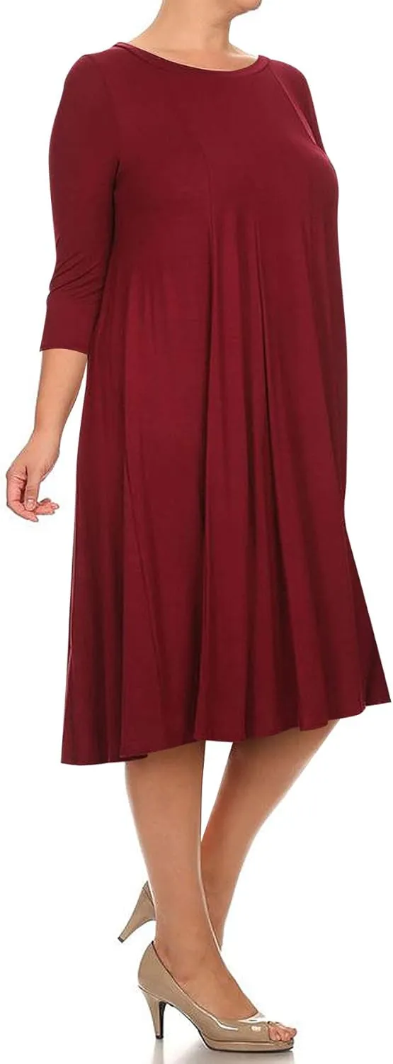 FashionStream Women's Plus Size Casual 3/4 Sleeves Basic A-Line Pleated Solid Midi Dress