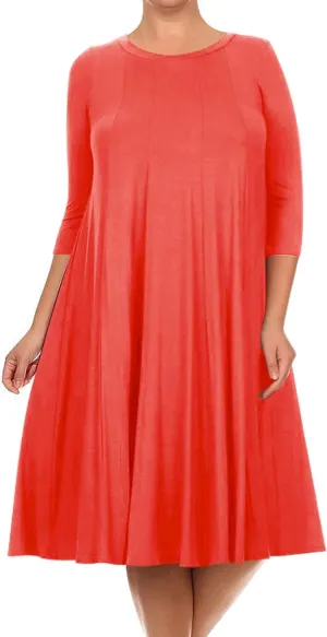 FashionStream Women's Plus Size Casual 3/4 Sleeves Basic A-Line Pleated Solid Midi Dress